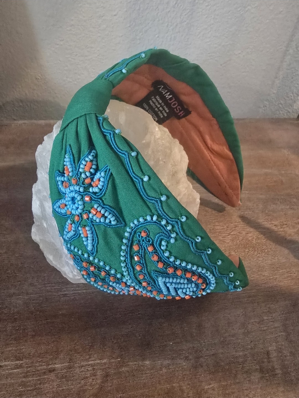 Green Beaded Embroidered Padded Headband by AAMJDOSH